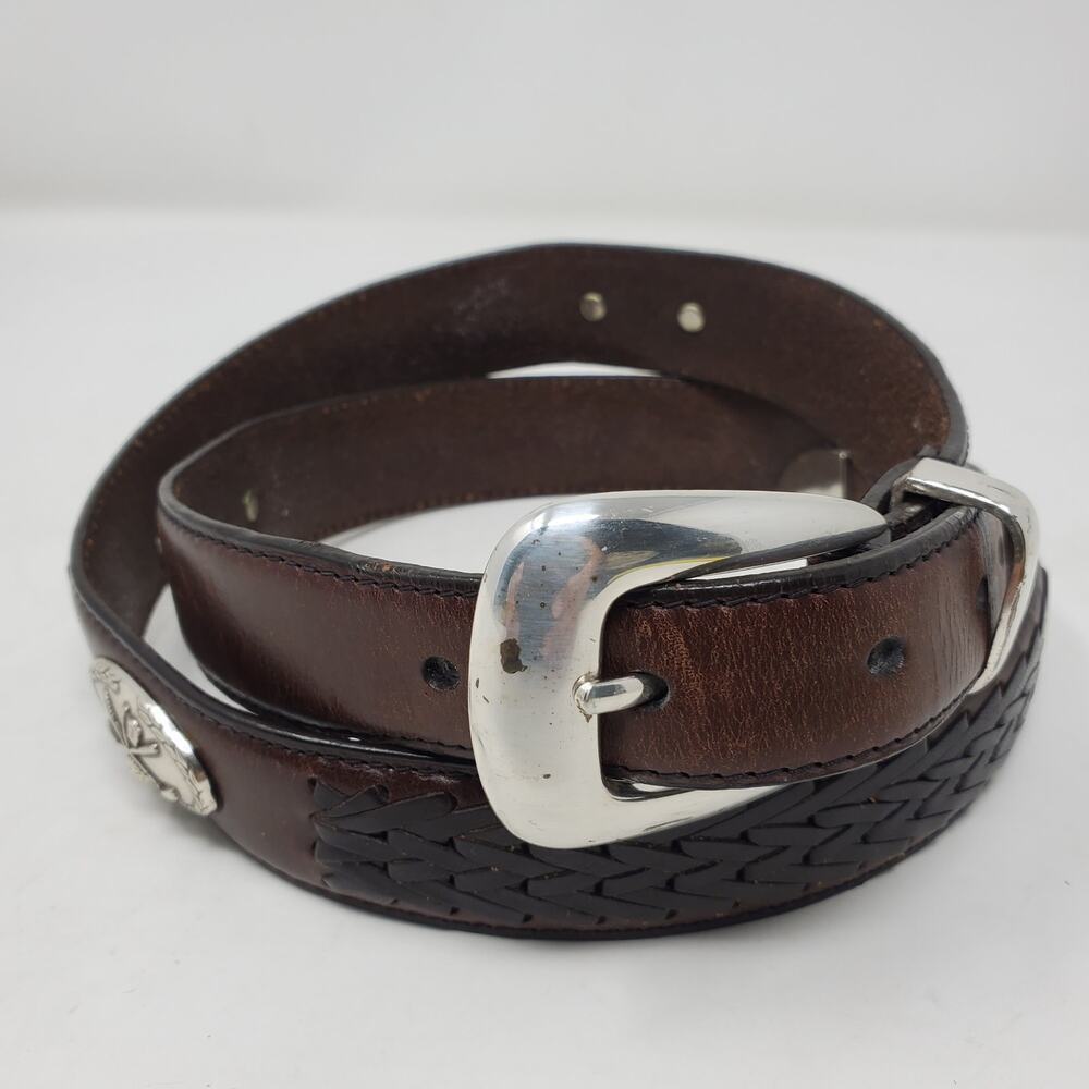 Brighton Western Tooled Leather Belt Brown Silver Sz L Western Rodeo Cowboy